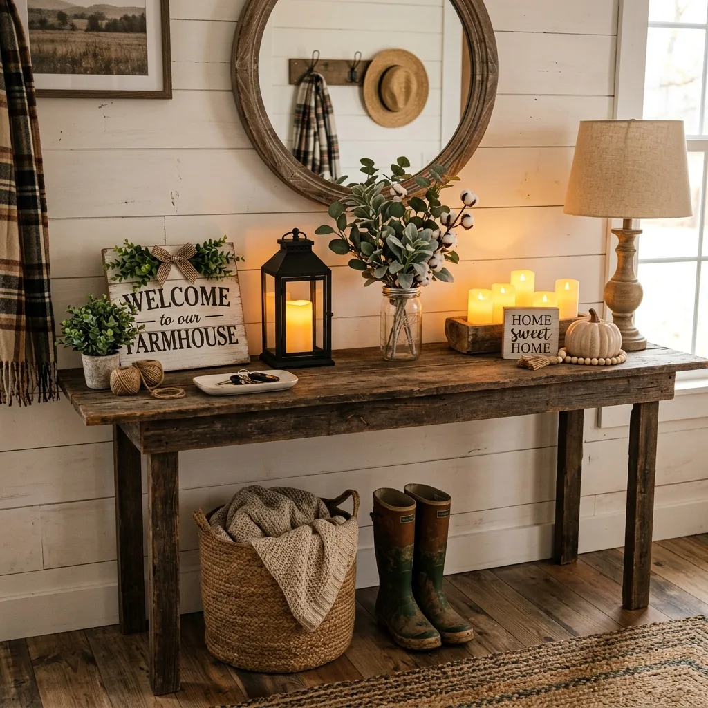 Farmhouse entry table styled with budget Dollar Tree decor